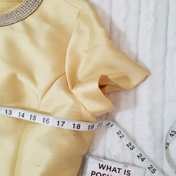 Vintage 50's yellow dress cap sleeve rhinestone collar lined sz. 8/10 - Picture 8 of 10